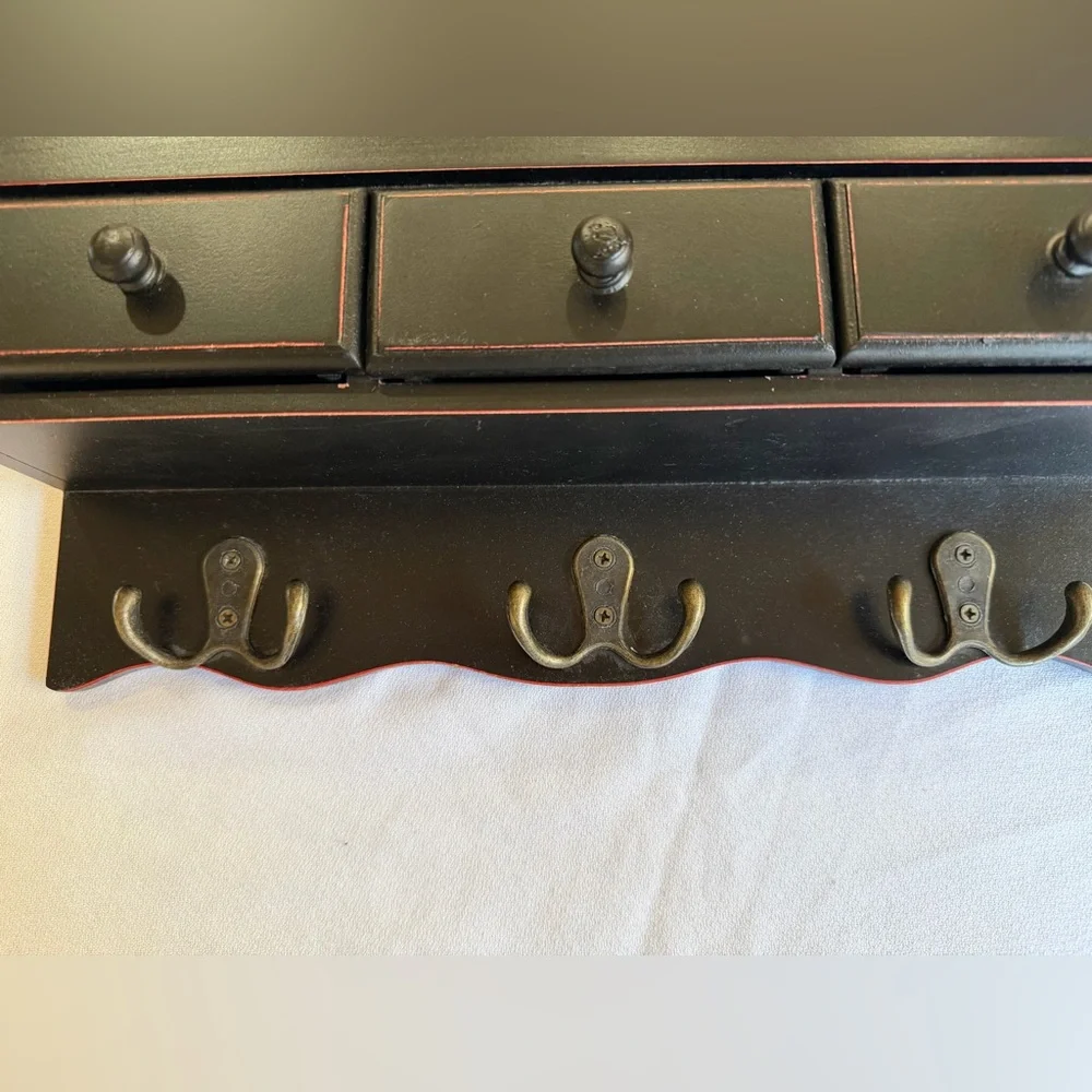 VTG Wall-Mounted Black Wooden Organizer with Hooks and Drawers